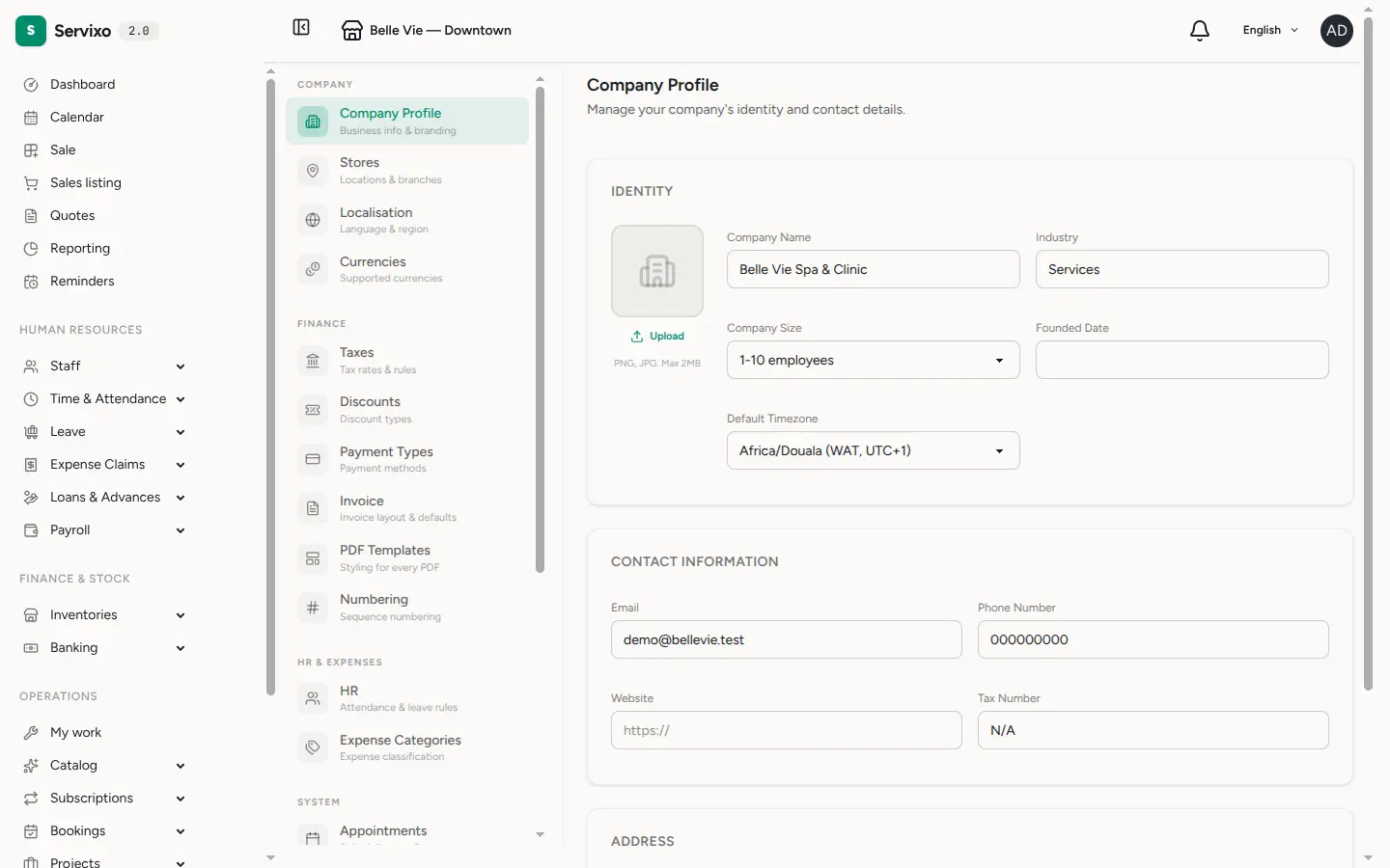 The company settings page