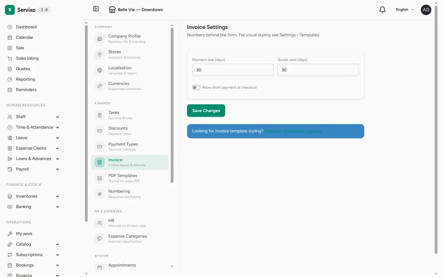 The invoice settings