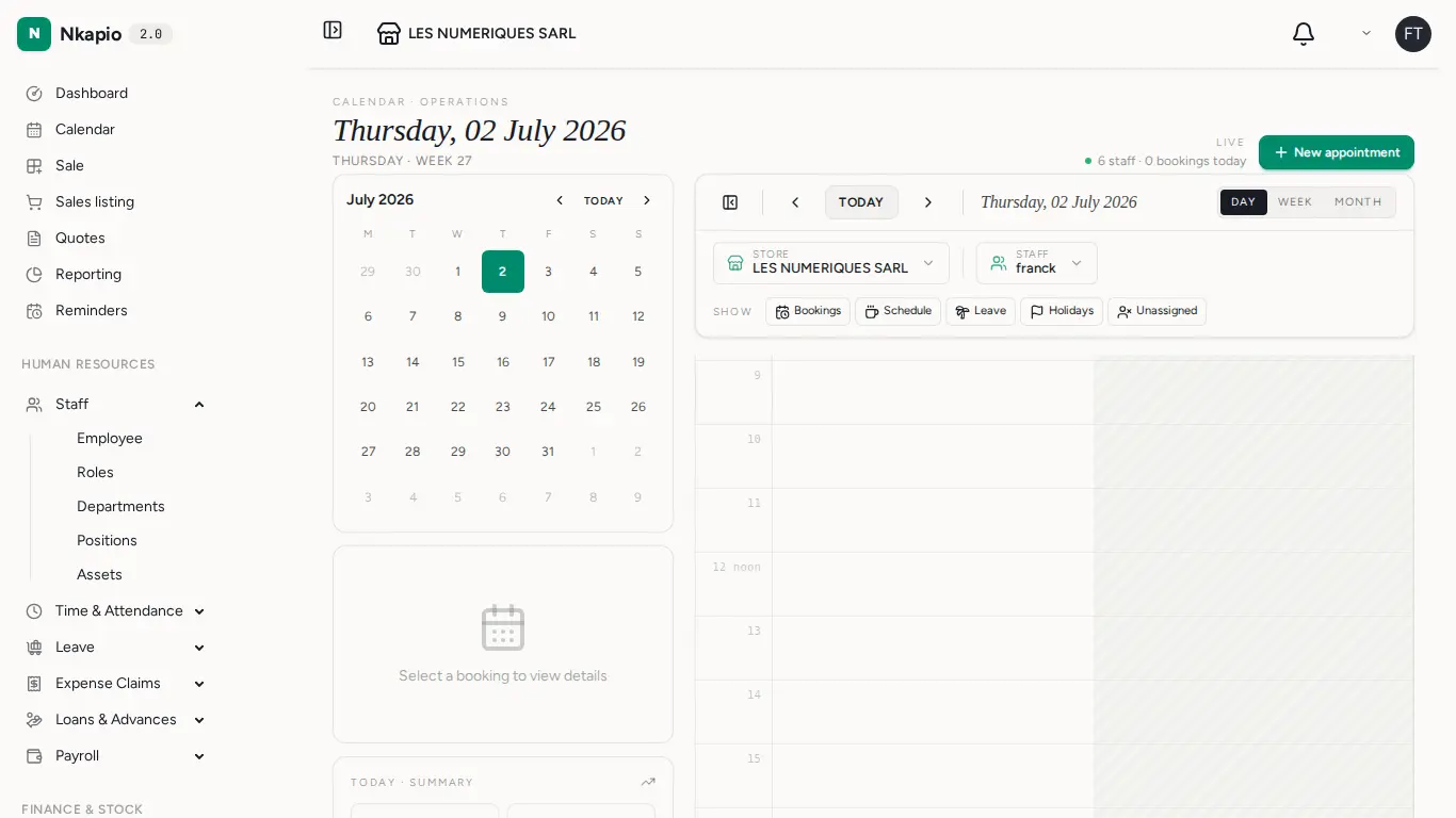 The dashboard with KPIs and finance summary