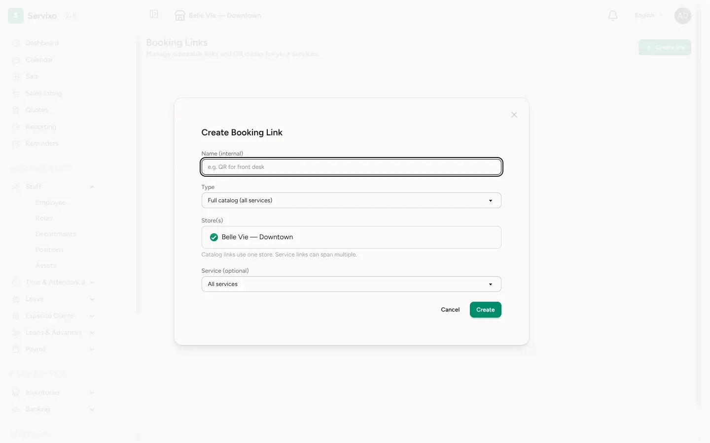 The create booking link form