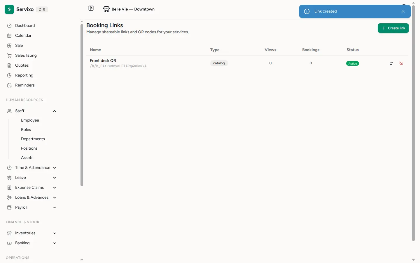 The created link with its public URL