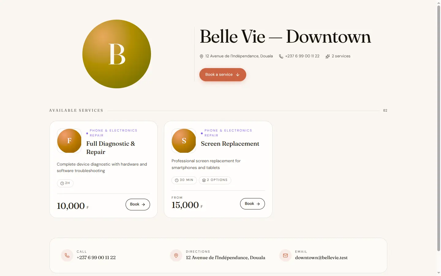The public booking page