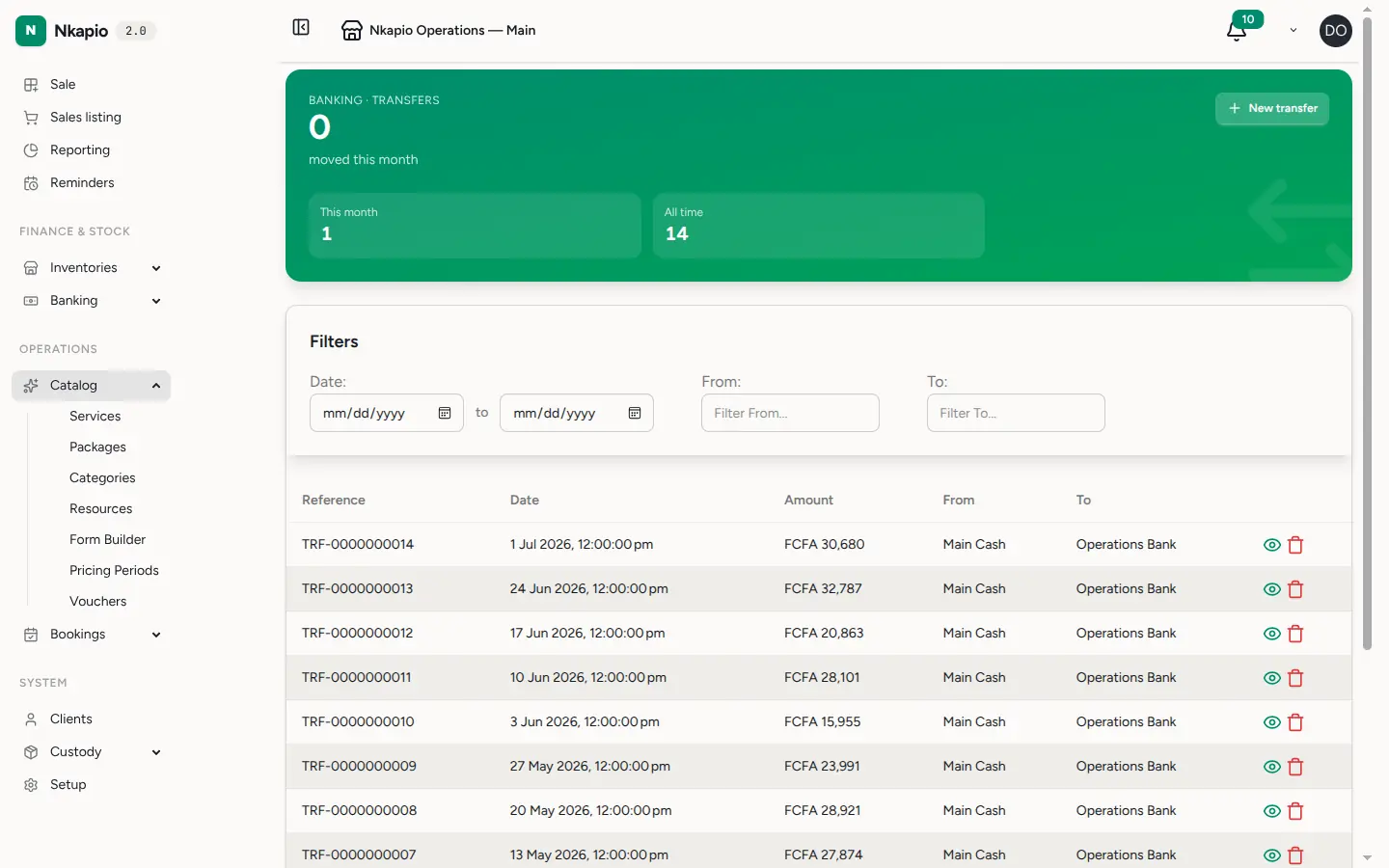 The stock transfers list showing pending and completed transfers between locations