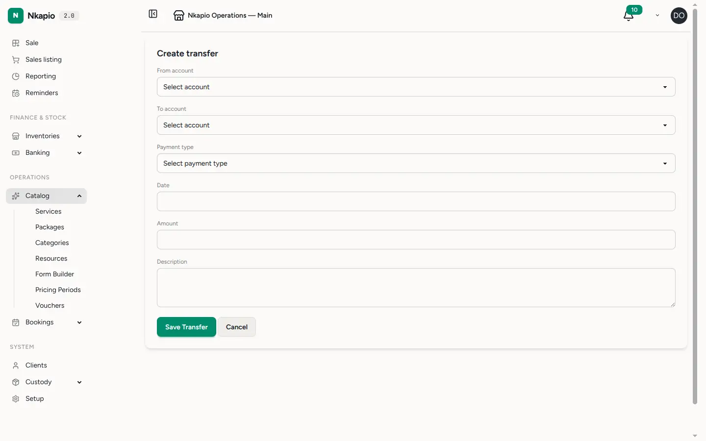 The new transfer form with source, destination and product lines