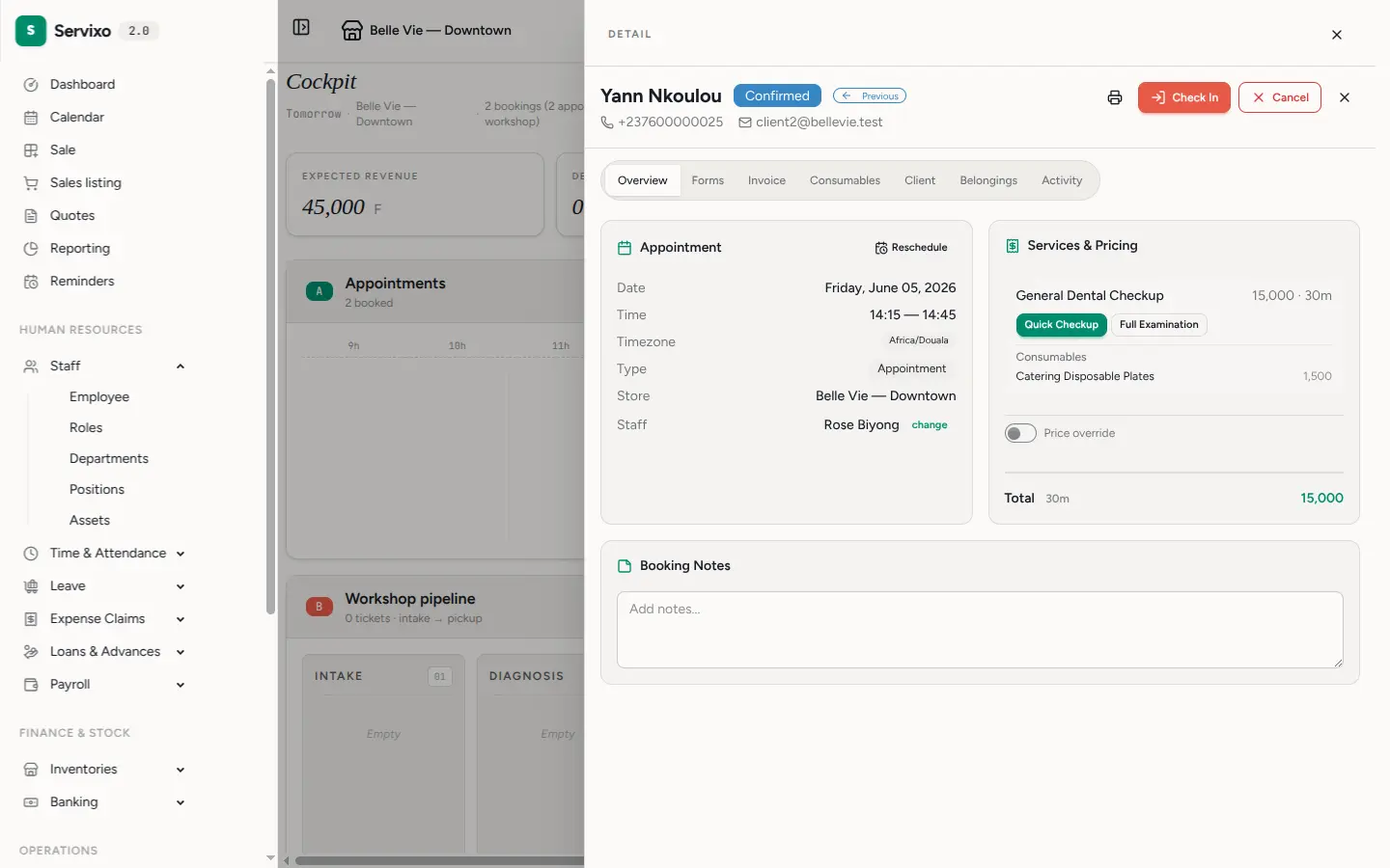 The booking drawer with its actions