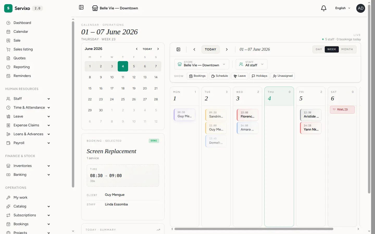 A booking selected on the calendar