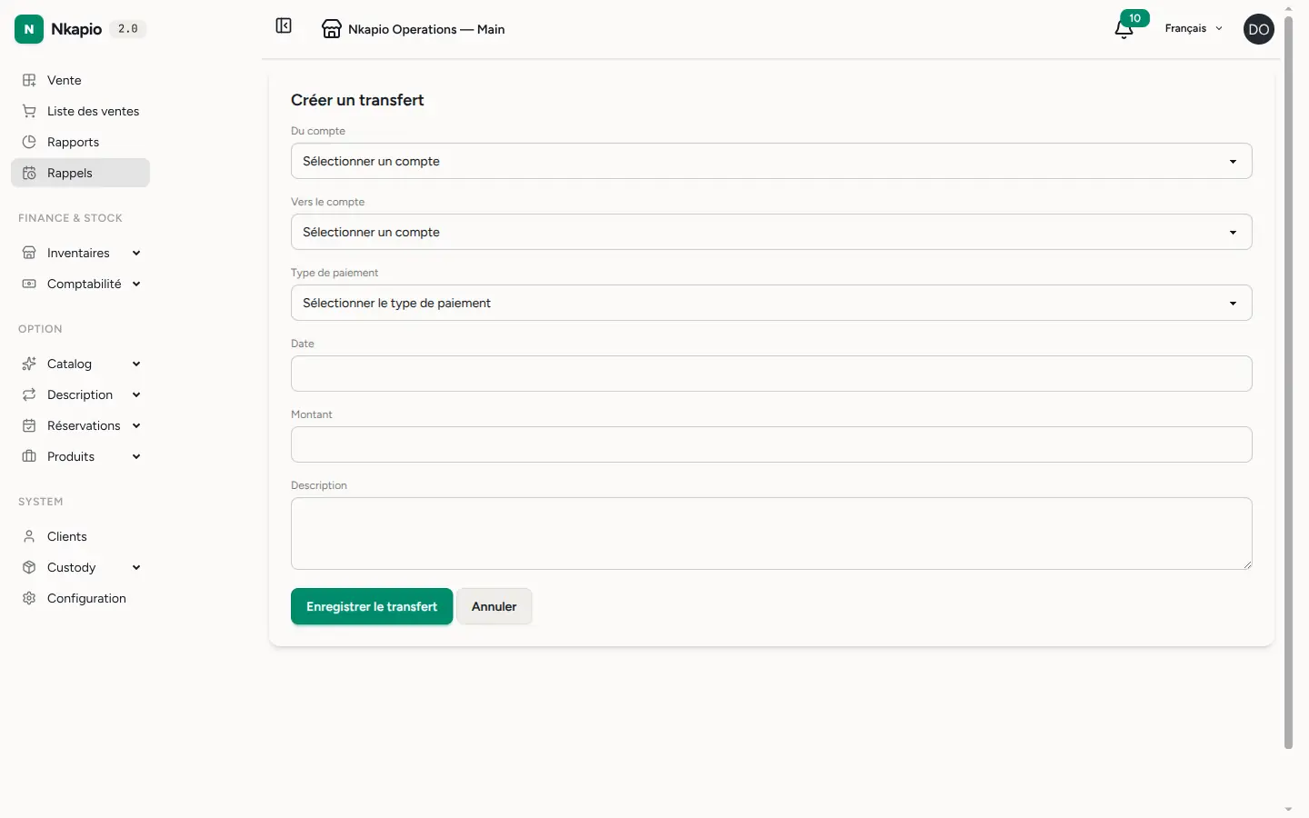 Le formulaire de nouveau transfert avec source, destination et lignes de produits